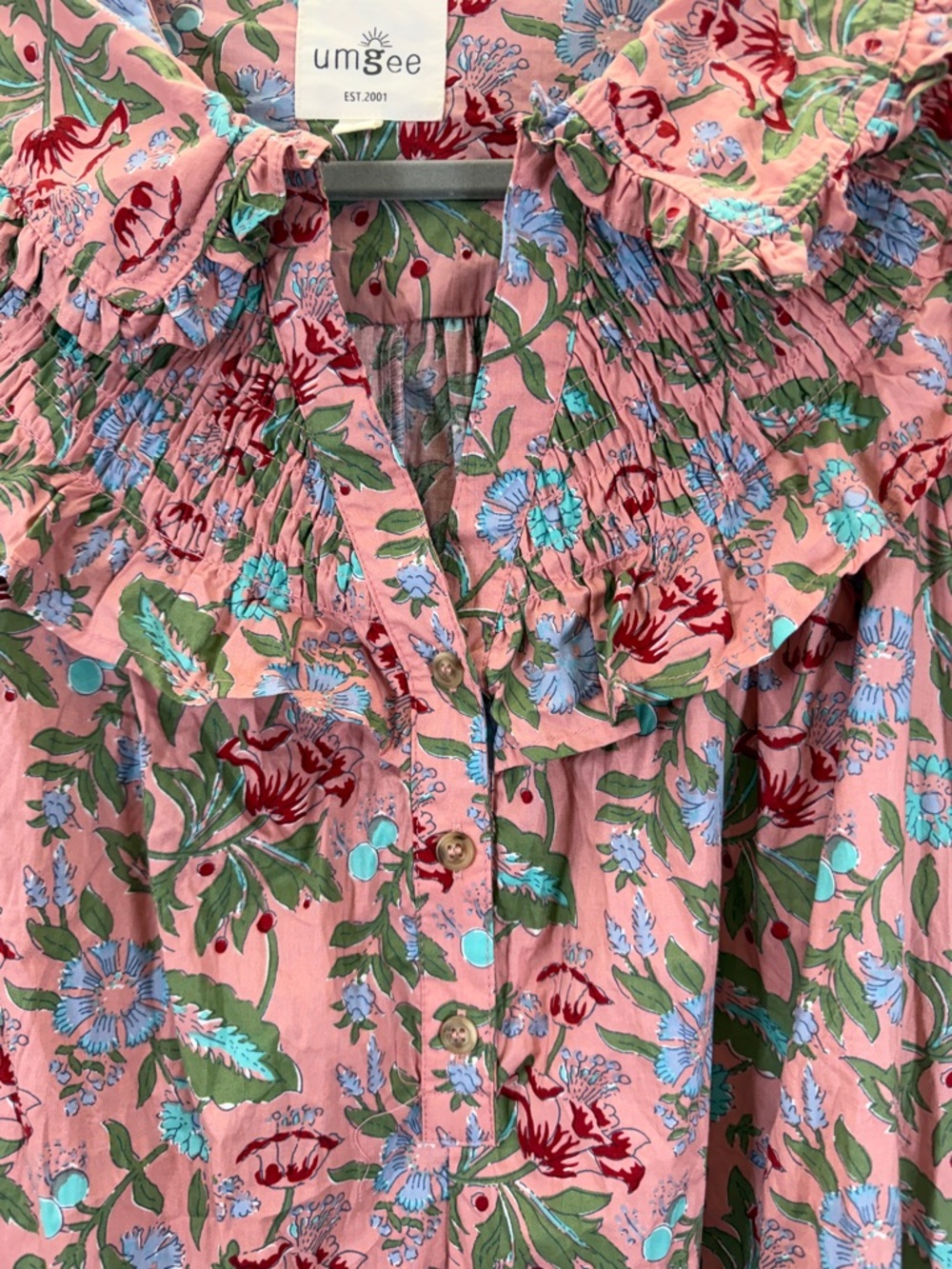 Umgee Pink Floral Ruffle Neck Casual Dress - Picture 2 of 10
